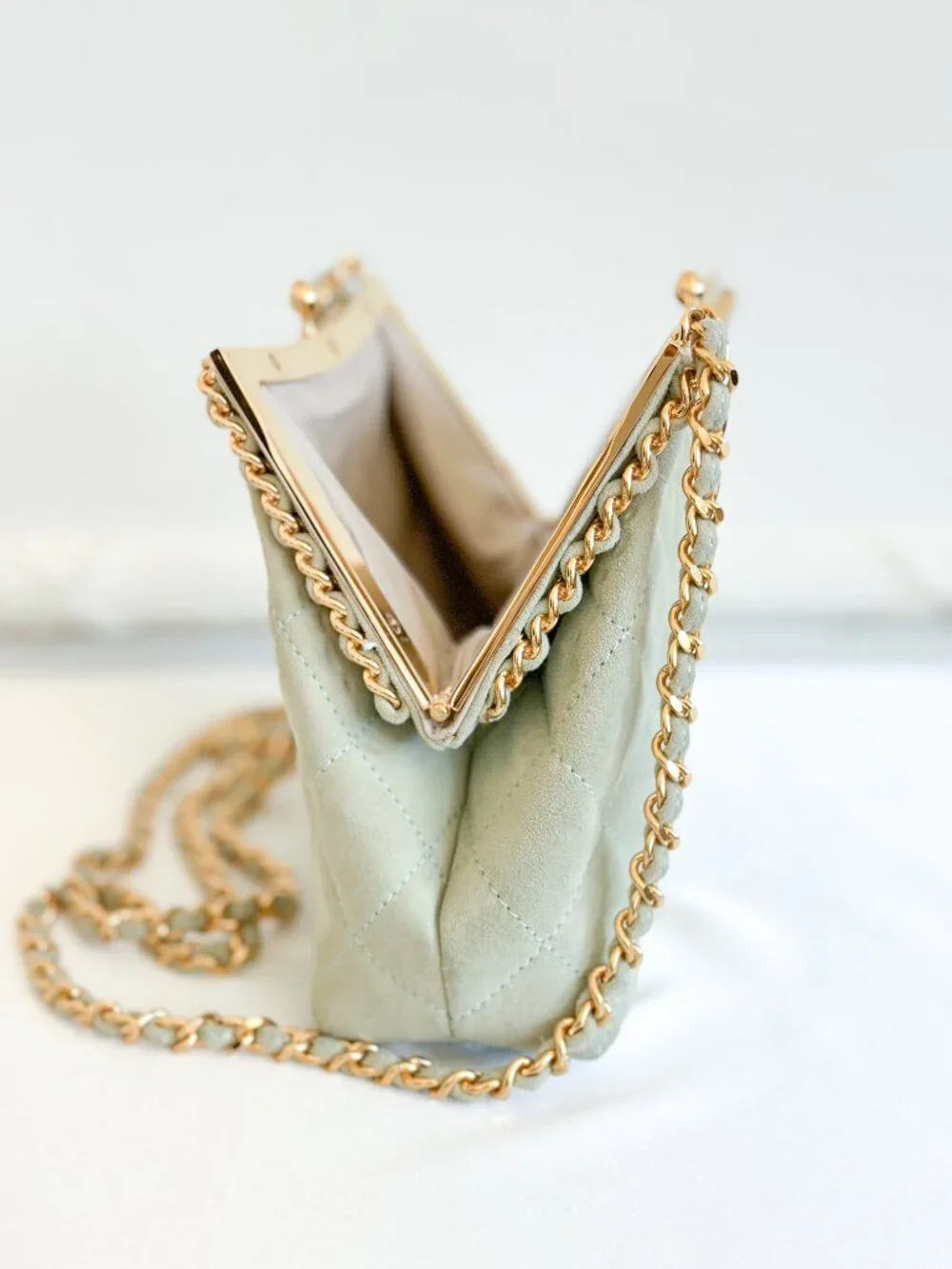 Vintage Chanel Quilted Suede Chain Frame Bag – Mint Green Kiss Lock Shoulder Bag